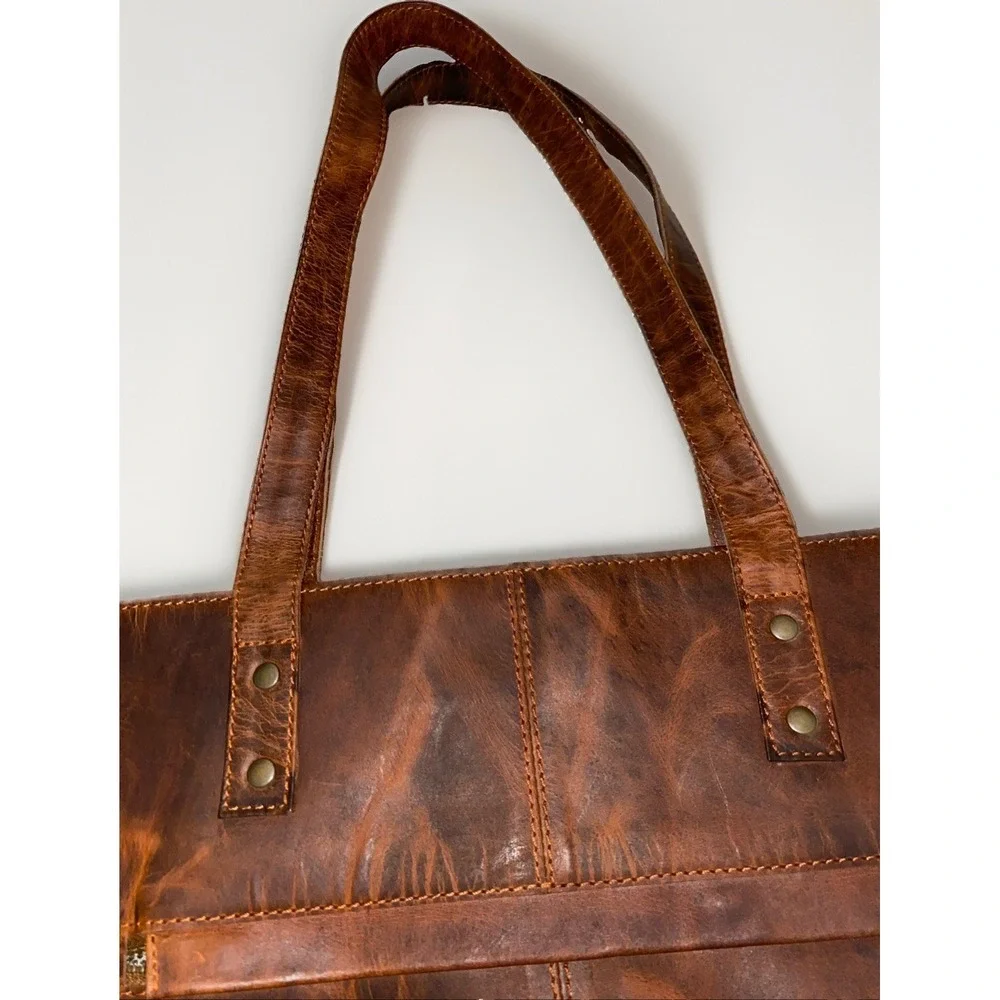 Sixtease Distressed Brown Leather Tote Shoulder Bag Rustic Boho Large